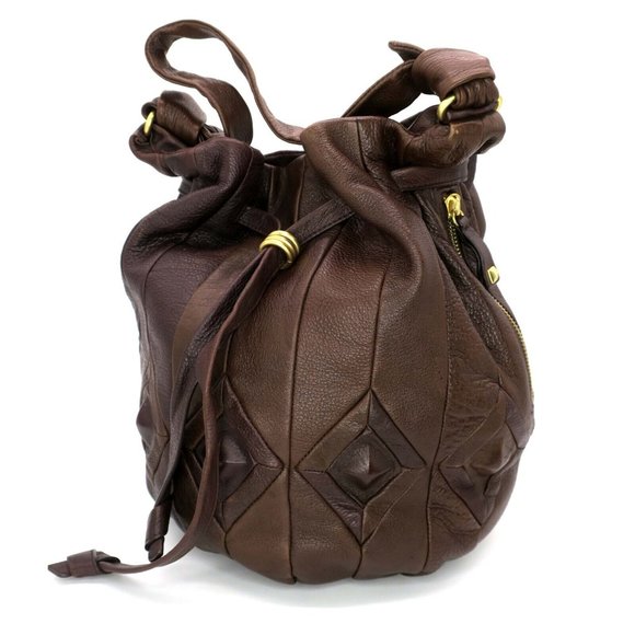 Elliott Lucca Handbags - Elliott Lucca Patchwork Drawstring Bucket Bag Soft Brown Nappa Leather Purse